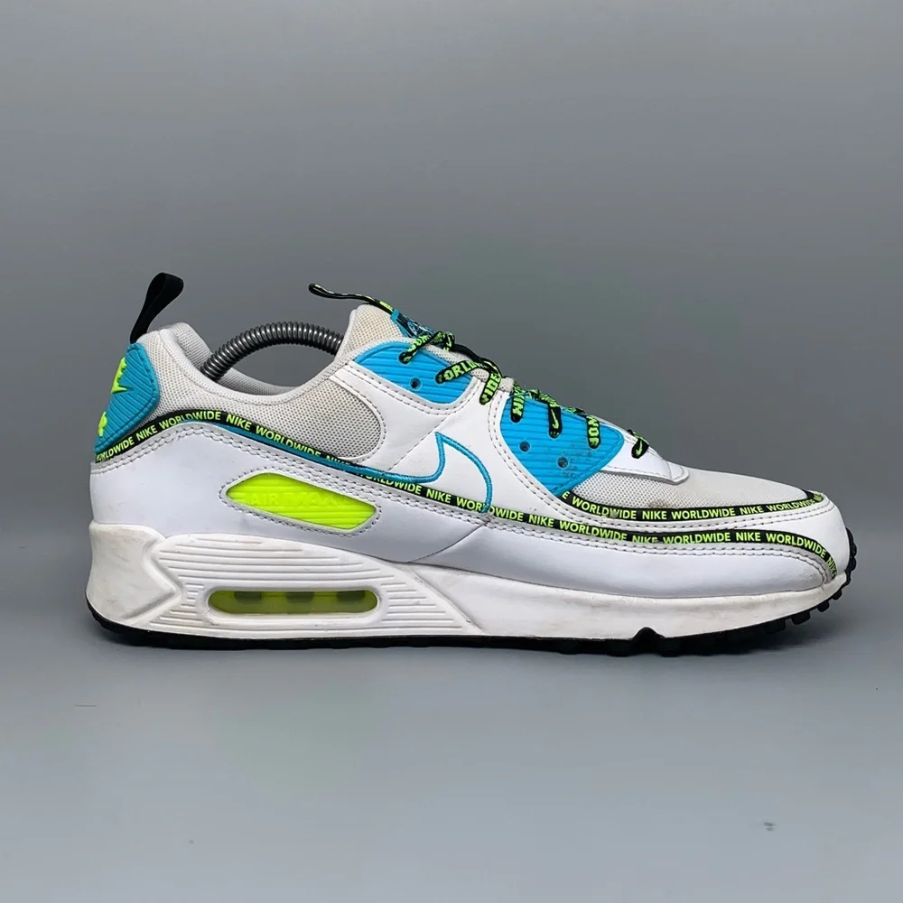 Nike Air Max 90 SE Worldwide White/Blue Volt Running Shoes CZ6419‑100 Men’s 11.5